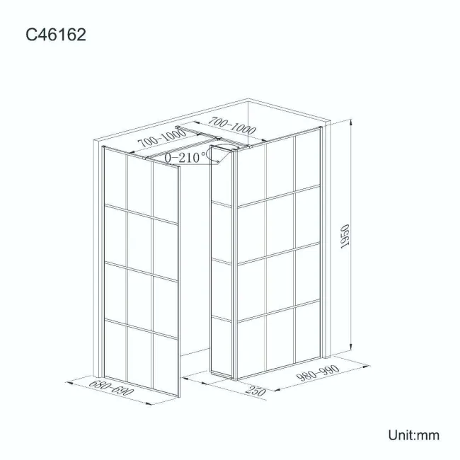 Munich Matt Black Grid 8mm Walk In Shower Enclosure 1000mm & 700mm Glass with Pivotal Return Panel