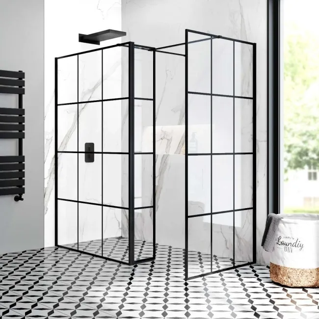Munich Matt Black Grid 8mm Walk In Shower Enclosure 1200mm & 900mm Glass with Pivotal Return Panel