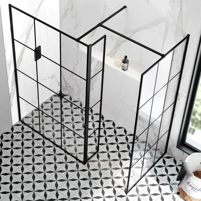 Munich Matt Black Grid 8mm Walk In Shower Enclosure 1200mm & 900mm Glass with Pivotal Return Panel