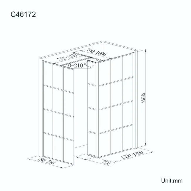 Munich Matt Black Grid 8mm Walk In Shower Enclosure 1400mm & 800mm Glass with Pivotal Return Panel
