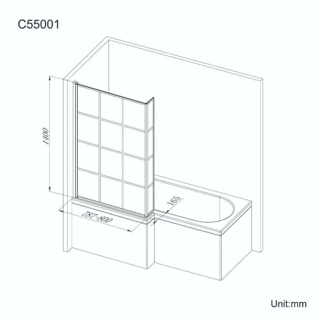 Zurich Easy Clean Matt Black Grid L Shaped Bath Screen - 800mm