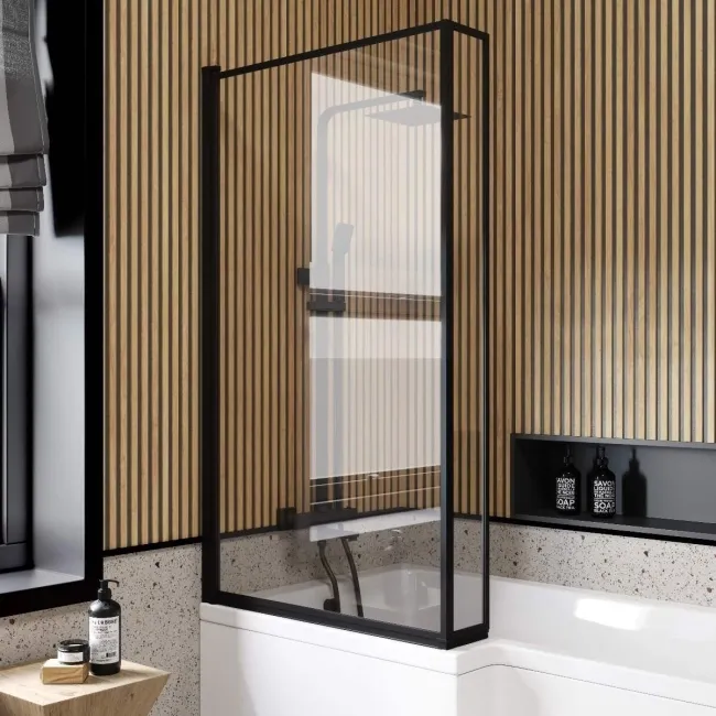 Zurich Easy Clean Matt Black Framed L Shaped Bath Screen - 800mm