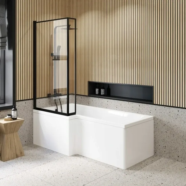 Zurich Easy Clean Matt Black Framed L Shaped Bath Screen - 800mm