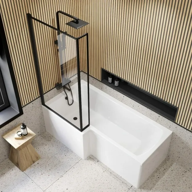 Zurich Easy Clean Matt Black Framed L Shaped Bath Screen - 800mm