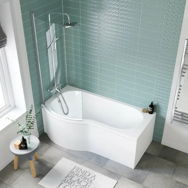 P Shaped 1600 Shower Bath with Front Panel & 4mm Screen - Left Handed