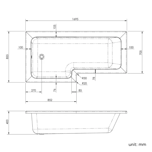 L Shaped 1700 Shower Bath with Front Panel & 4mm Fixed Screen with Rail - Left Handed