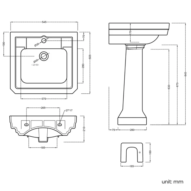 Enid Traditional Pedestal Basin Single Tap Hole 545mm