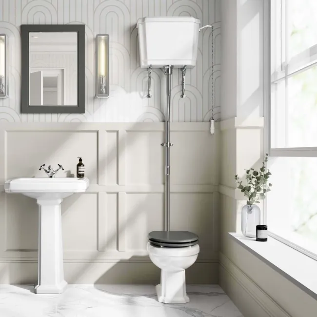 Hudson Traditional High-Level Toilet With Graphite Grey Seat & Pedestal Basin - Single Tap Hole