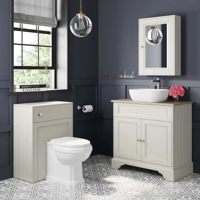 Lucia Chalk White Vanity With Oak Effect Top & Curved Counter Top Basin 840mm