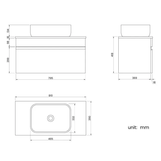 Trent Gloss White Wall Hung Drawer Vanity with Curved Counter Top Basin 800mm