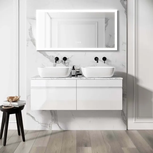 Trent Gloss White Double Wall Hung Drawer Vanity with Marble Top & Curved Counter Top Basin 1200mm