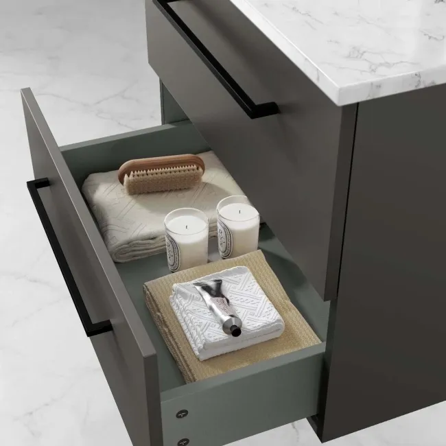 Elba Graphite Grey Wall Hung Drawer Vanity with Marble Top & Curved Counter Top Basin 600mm - Black Accents