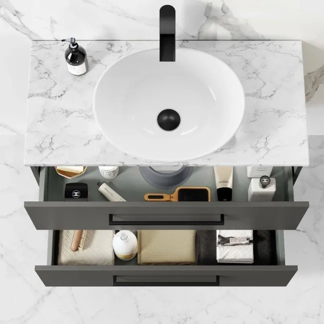 Elba Graphite Grey Wall Hung Drawer Vanity with Marble Top & Oval Counter Top Basin 800mm - Black Accents
