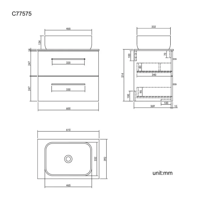 Elba Charcoal Elm Wall Hung Drawer Vanity with Marble Top & Curved Counter Top Basin 600mm - Black Accents