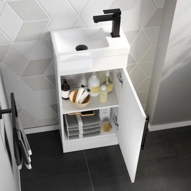 Avon Gloss White Cloakroom Floor Standing Basin Vanity 400mm - Black Accents