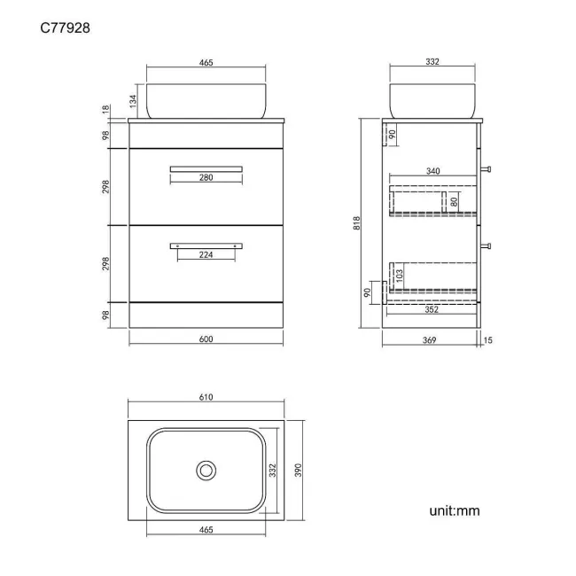Avon Stone Grey Vanity Drawer with Curved Counter Top Basin 600mm - Black Accents