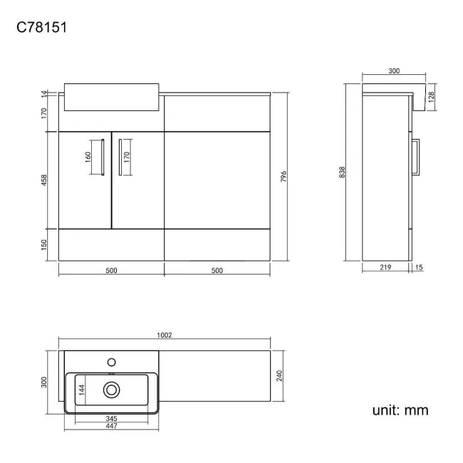 Harper Charcoal Elm Basin Vanity with Marble Top & Back To Wall Unit 1000mm - Black Accents