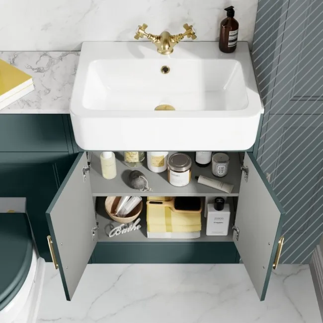 Monaco Midnight Green Combination Vanity Basin with Marble Top & Hudson Toilet with Wooden Seat 1200mm - Brass Knurled Handles