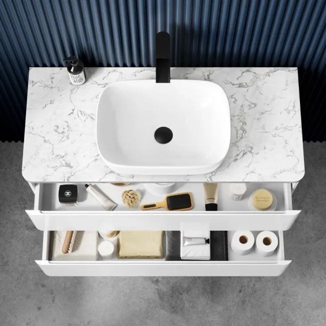 Corsica Gloss White Vanity Drawer with Marble Top & Curved Counter Top Basin 1000mm