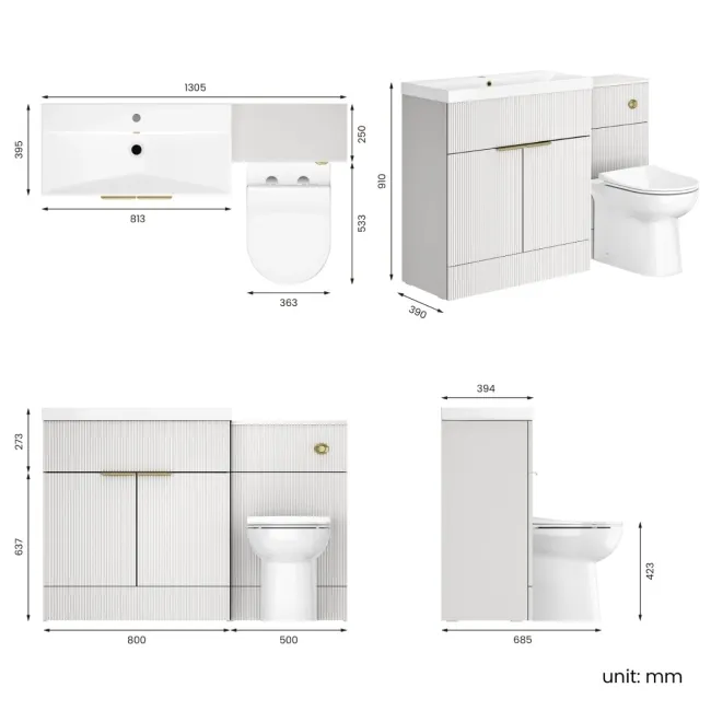 Havana Fluted Coastal White Combination Vanity Basin and Aruba Toilet 1300mm - Brushed Brass Accents