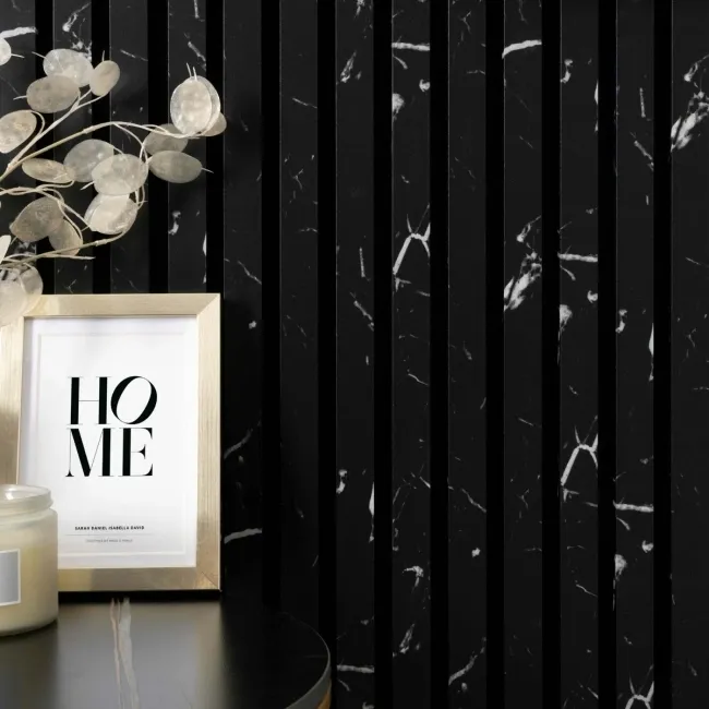 Trepanel Design® Black Marble Effect on Black Felt Acoustic Wood Slat Panels