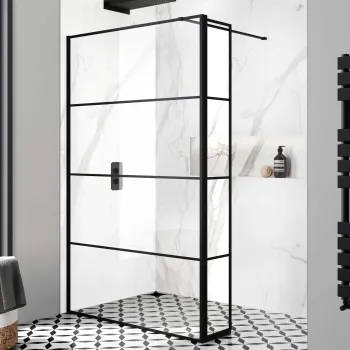 Munich Matt Black Grid 8mm Wet Room Shower Glass 1200mm & 250mm Pivotal Return Panel
