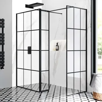 Munich Matt Black Grid 8mm Walk In Shower Enclosure 1100mm & 800mm Glass with Pivotal Return Panel