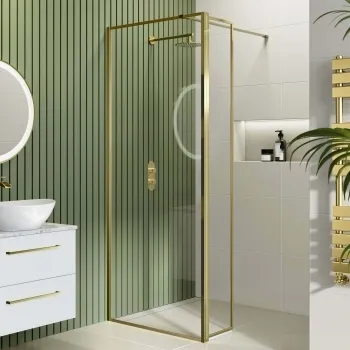 Munich Brushed Brass Framed 8mm Wet Room Shower Glass 800mm & 250mm Pivotal Return Panel