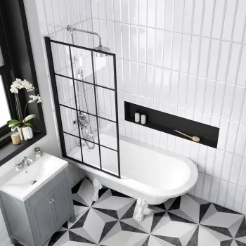 Abingdon 1500 Roll Top Shower Bath - White Claw Feet & 6mm Easy Clean Matt Black Grid Screen