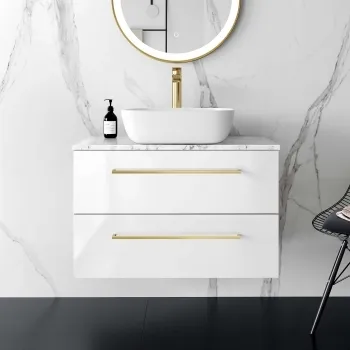 Elba Gloss White Wall Hung Drawer Vanity with Marble Top & Curved Counter Top Basin 800mm - Brushed Brass Accents