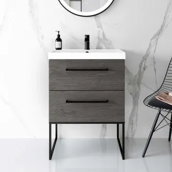 Elba Charcoal Elm Wall Hung Basin Drawer Vanity 600mm with Matt Black Stand