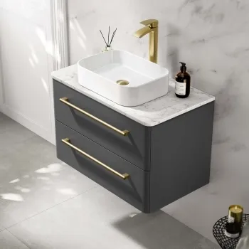 Omaha Slate Grey Wall Hung Drawer Vanity with Marble Top & Marin Basin 800mm - Brushed Brass Accents
