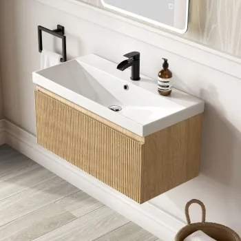Malta Fluted Country Oak Wall Hung Basin Drawer Vanity 800mm