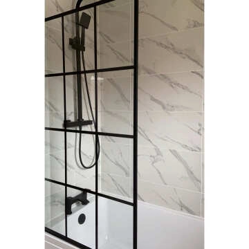Zurich Easy Clean Matt Black Grid Bath Screen - 800mm