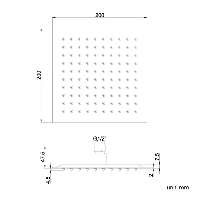 200mm Brushed Brass Square Stainless Steel Slim Shower Head