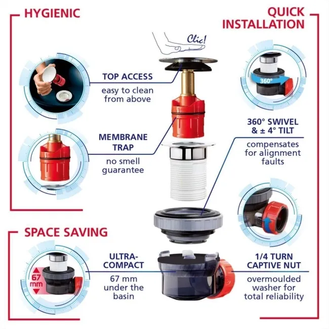 Wirquin Matt Black Dome Nano 6.7 Quick Clac All In One Basin Waste & Trap