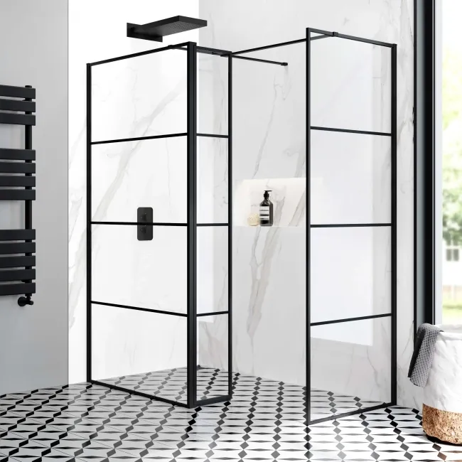 Munich Matt Black Grid 8mm Walk In Shower Enclosure 1000mm & 700mm Glass with Pivotal Return Panel