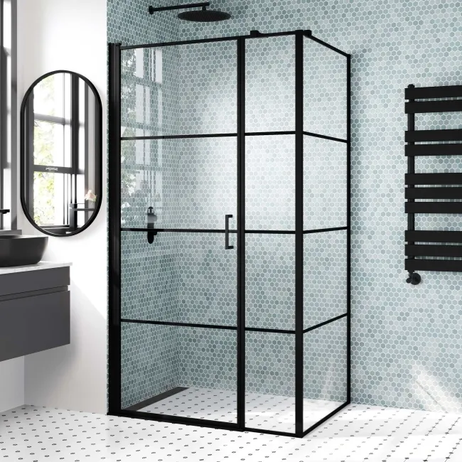 Toulon Matt Black Grid Easy Clean 6mm Pivot Shower Enclosure 1100x800mm