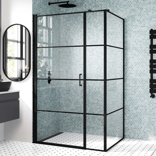 Toulon Matt Black Grid Easy Clean 6mm Pivot Shower Enclosure 1200x800mm