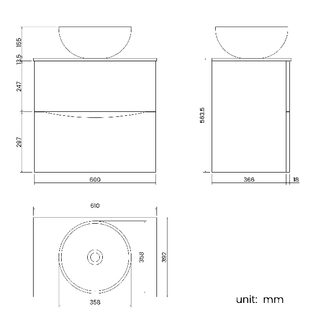 Austin Gloss White Wall Hung Drawer Vanity with Marble Top & Round Counter Top Basin 600mm