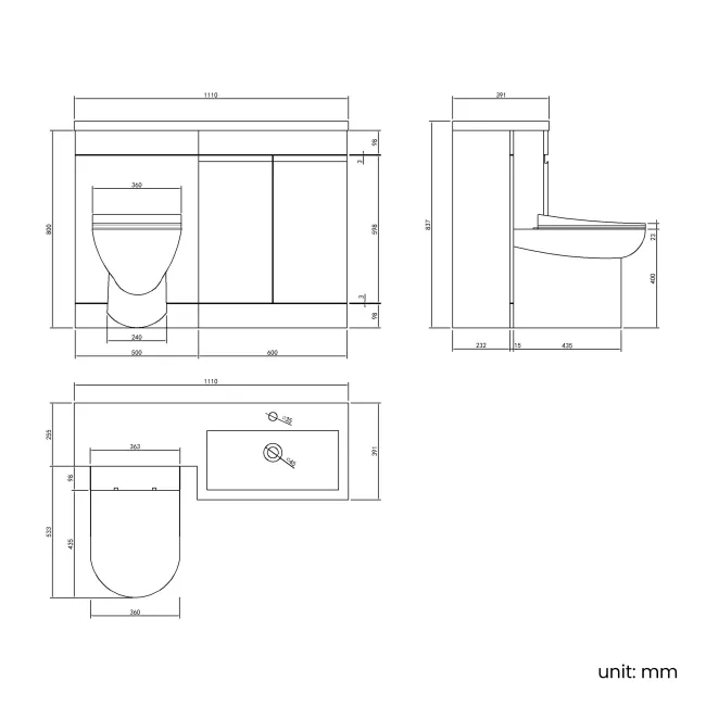Trent Gloss White Combination Vanity Basin and Aruba Toilet 1100mm - Right Handed