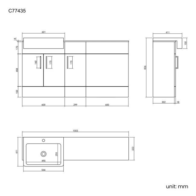 Harper Stone Grey Combination Vanity Basin with Marble Top 1500mm
