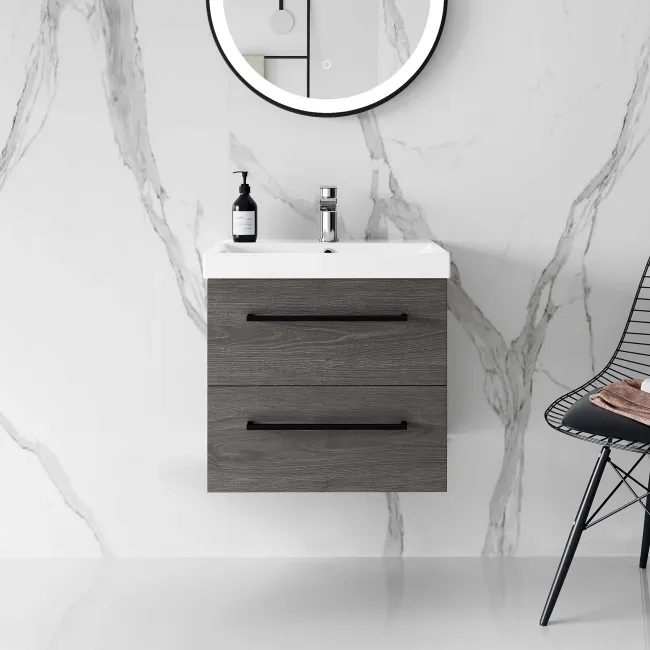 Elba Charcoal Elm Wall Hung Basin Drawer Vanity 500mm - Black Accents
