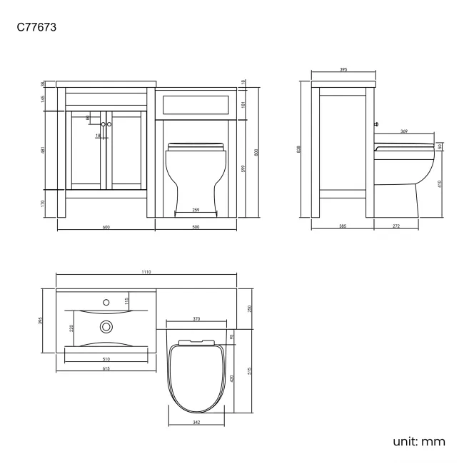 Bermuda Graphite Grey Combination Vanity Basin and Seattle Toilet 1100mm