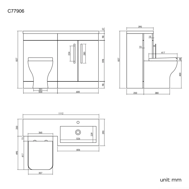 Avon Gloss White Combination Vanity Basin and Atlanta Toilet 1100mm - Black Accents - Right Handed