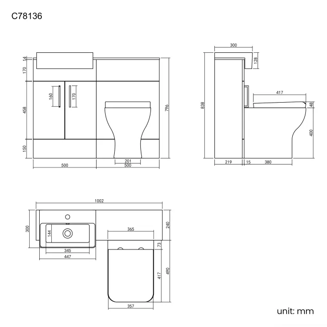 Harper Gloss White Combination Vanity Basin with Marble Top & Atlanta Toilet 1000mm - Black Accents