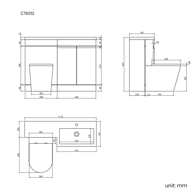 Trent Gloss White Combination Vanity Basin and Boston Toilet 1100mm - Right Handed