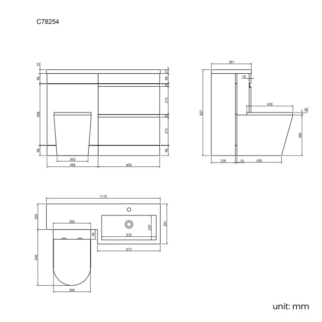 Trent Gloss White Combination Basin Drawer and Boston Toilet 1100mm - Right Handed