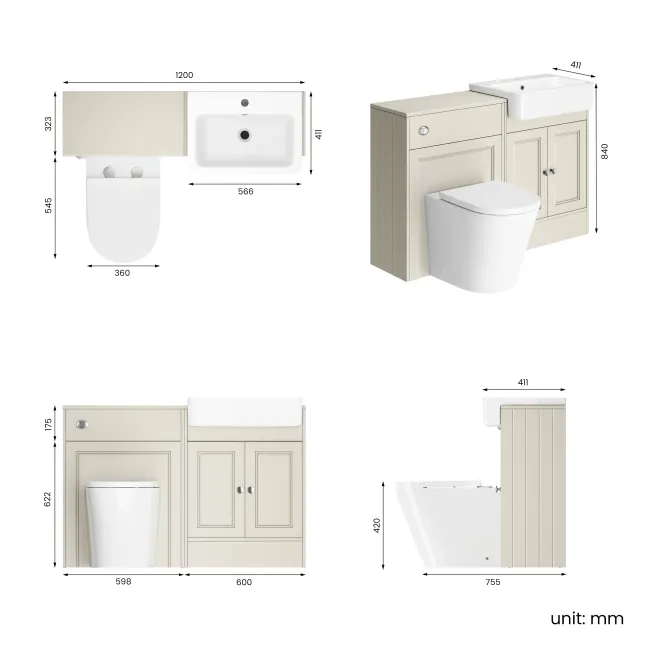 Monaco Chalk White Combination Vanity Basin and Boston Toilet 1200mm