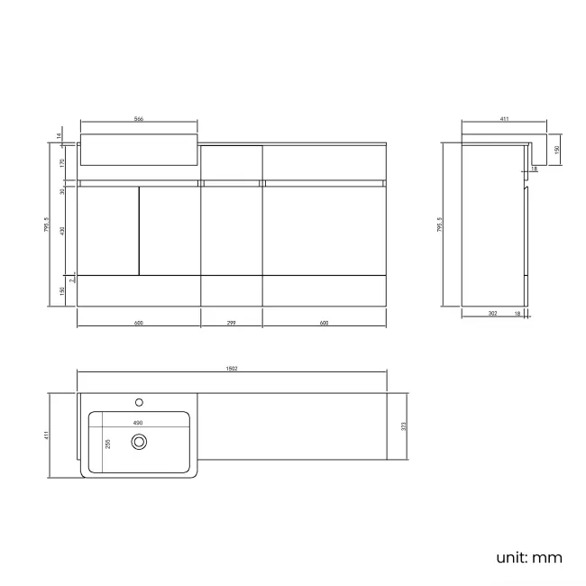 Foster Tungsten Grey Combination Vanity Basin with Marble Top 1500mm - Excludes Toilet